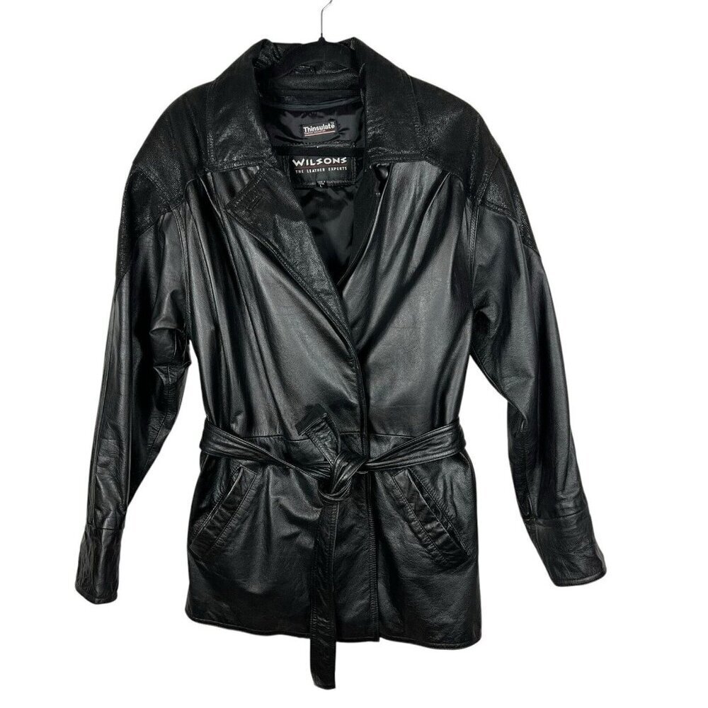 Vintage 1990s Womens Wilsons Leather Trench Biker Thinsulate Jacket Size Large‎